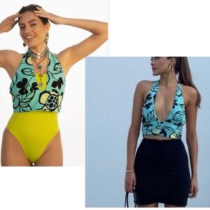 Zara turquoise blue Daisy flower open tie back halter crop top Sz S NWT festival